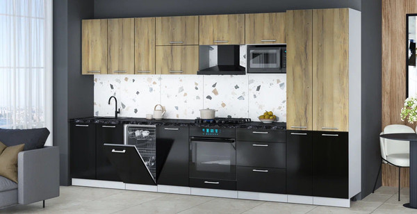 Изображение товара Кухонный гарнитур Интерлиния Мила Gloss 3.6-ПМ4 (черный глянец/дуб вотан/кастилло темный)