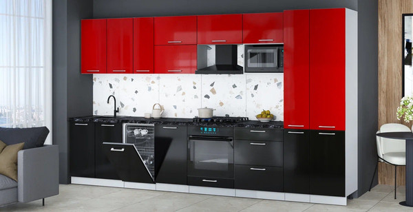 Изображение товара Кухонный гарнитур Интерлиния Мила Gloss 3.6-ПМ4 (черный глянец/красный глянец/кастилло темный)