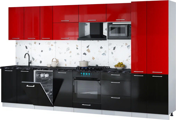 Изображение товара Кухонный гарнитур Интерлиния Мила Gloss 3.6-ПМ4 (черный глянец/красный глянец/кастилло темный)