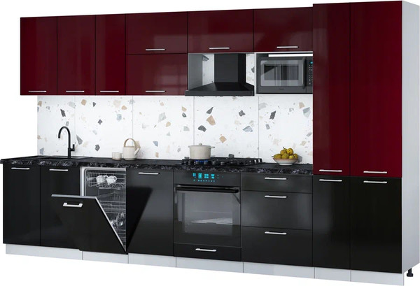 Изображение товара Кухонный гарнитур Интерлиния Мила Gloss 3.6-ПМ4 (черный глянец/бордовый глянец/кастилло темный)