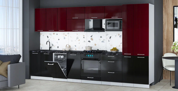 Изображение товара Кухонный гарнитур Интерлиния Мила Gloss 3.6-ПМ4 (черный глянец/бордовый глянец/кастилло темный)