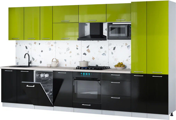 Изображение товара Кухонный гарнитур Интерлиния Мила Gloss 3.6-ПМ4 (черный глянец/яблоко глянец/травертин серый)