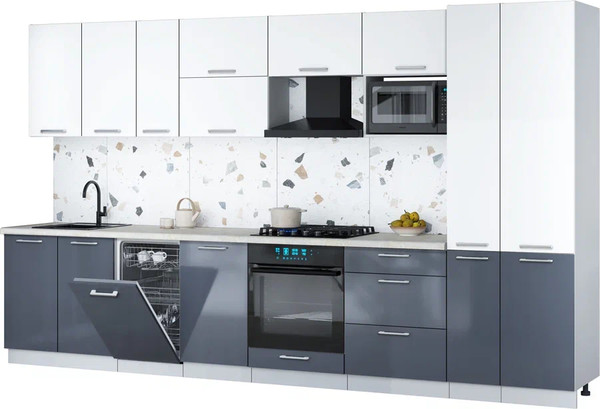 Изображение товара Кухонный гарнитур Интерлиния Мила Gloss 3.6-ПМ4 (асфальт глянец/белый/опал светлый)