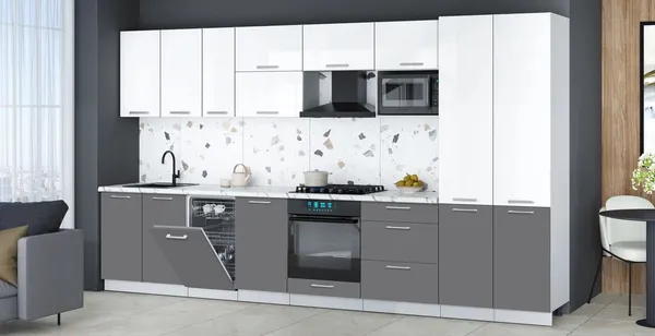 Изображение товара Кухонный гарнитур Interline Мила Gloss 3.7-ПМ4 (серый/белый глянец/белый гранит)
