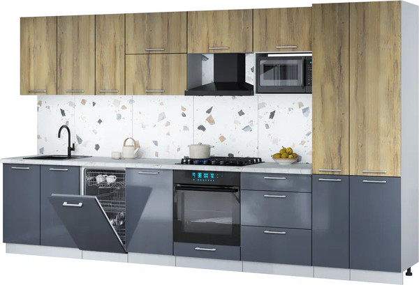Изображение товара Кухонный гарнитур Интерлиния Мила Gloss 3.6-ПМ4 (асфальт глянец/дуб вотан/серый каспий)