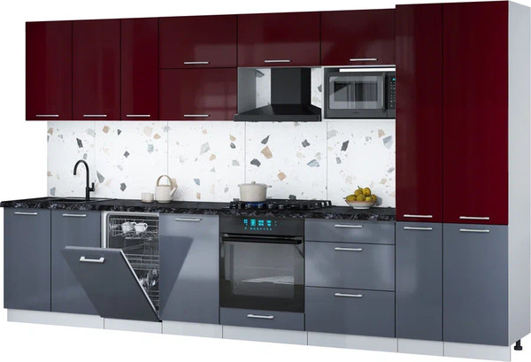 Изображение товара Кухонный гарнитур Интерлиния Мила Gloss 3.6-ПМ4 (асфальт глянец/бордовый глянец/кастилло темный)