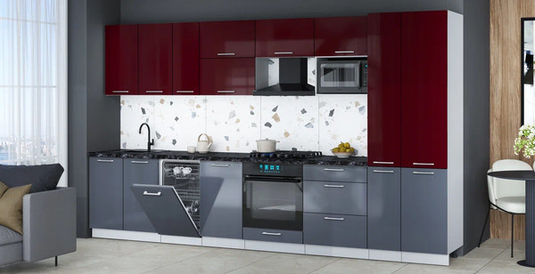 Изображение товара Кухонный гарнитур Интерлиния Мила Gloss 3.6-ПМ4 (асфальт глянец/бордовый глянец/кастилло темный)