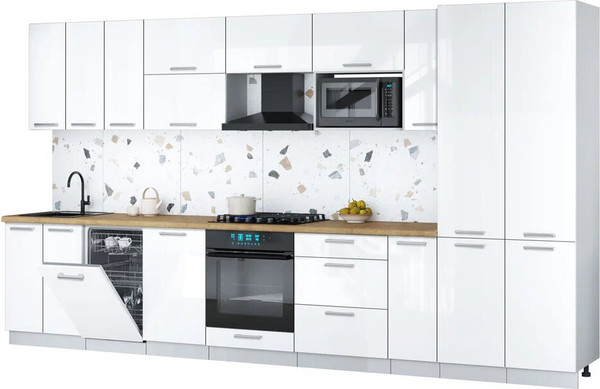 Изображение товара Кухонный гарнитур Интерлиния Мила Gloss 3.8-ПМ4 (белый глянец/белый глянец/дуб бунратти)