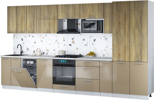 Изображение товара Кухонный гарнитур Интерлиния Мила Gloss 3.8-ПМ4 (капучино глянец/дуб вотан/серый каспий)