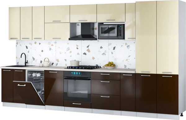 Изображение товара Кухонный гарнитур Интерлиния Мила Gloss 3.8-ПМ4 (шоколад глянец/ваниль глянец/травертин серый)