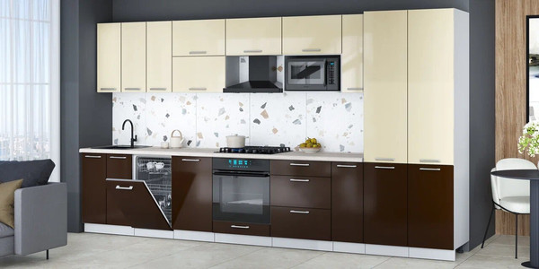 Изображение товара Кухонный гарнитур Интерлиния Мила Gloss 3.8-ПМ4 (шоколад глянец/ваниль глянец/травертин серый)