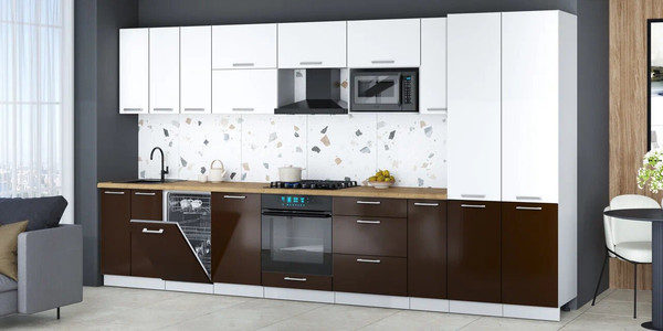 Изображение товара Кухонный гарнитур Интерлиния Мила Gloss 3.8-ПМ4 (шоколад глянец/белый/дуб бунратти)