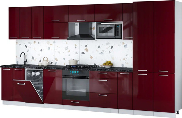 Изображение товара Кухонный гарнитур Интерлиния Мила Gloss 3.8-ПМ4 (бордовый глянец/бордовый глянец/кастилло темный)