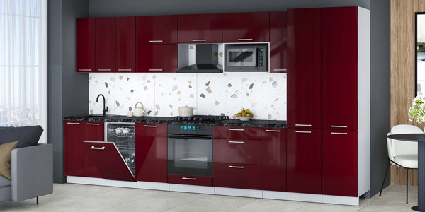Изображение товара Кухонный гарнитур Интерлиния Мила Gloss 3.8-ПМ4 (бордовый глянец/бордовый глянец/кастилло темный)