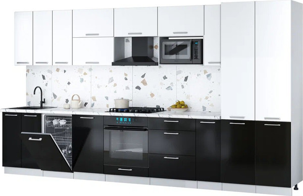 Изображение товара Кухонный гарнитур Интерлиния Мила Gloss 3.8-ПМ4 (черный глянец/белый/белый гранит)