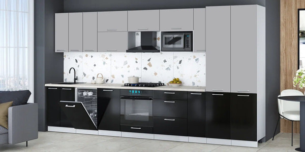 Изображение товара Кухонный гарнитур Интерлиния Мила Gloss 3.8-ПМ4 (черный глянец/грей/бискайская сосна)