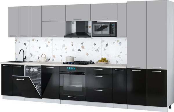 Изображение товара Кухонный гарнитур Интерлиния Мила Gloss 3.8-ПМ4 (черный глянец/грей/бискайская сосна)