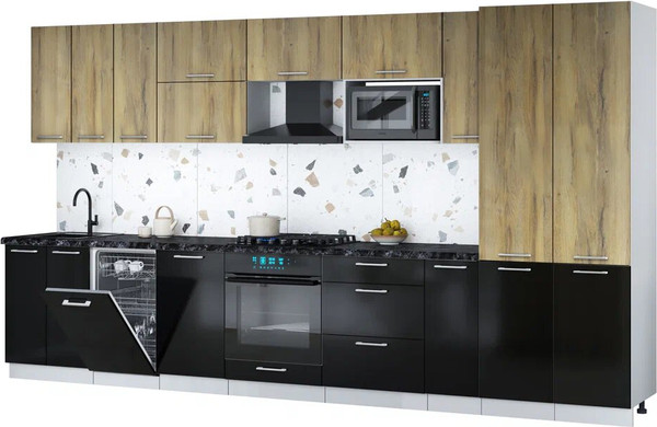 Изображение товара Кухонный гарнитур Интерлиния Мила Gloss 3.8-ПМ4 (черный глянец/дуб вотан/кастилло темный)