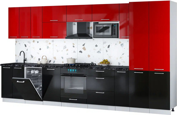 Изображение товара Кухонный гарнитур Интерлиния Мила Gloss 3.8-ПМ4 (черный глянец/красный глянец/кастилло темный)