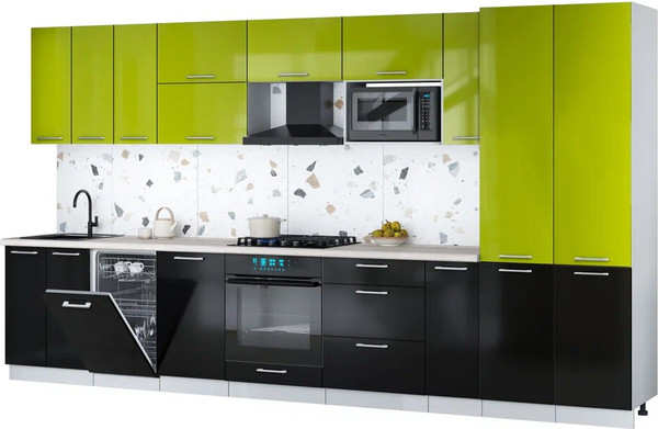 Изображение товара Кухонный гарнитур Интерлиния Мила Gloss 3.8-ПМ4 (черный глянец/яблоко глянец/травертин серый)