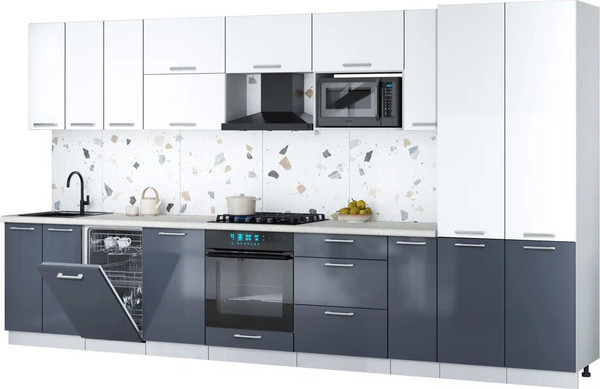 Изображение товара Кухонный гарнитур Интерлиния Мила Gloss 3.8-ПМ4 (асфальт глянец/белый/опал светлый)