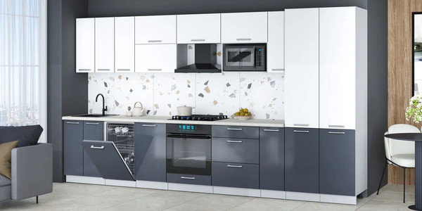 Изображение товара Кухонный гарнитур Интерлиния Мила Gloss 3.8-ПМ4 (асфальт глянец/белый/опал светлый)