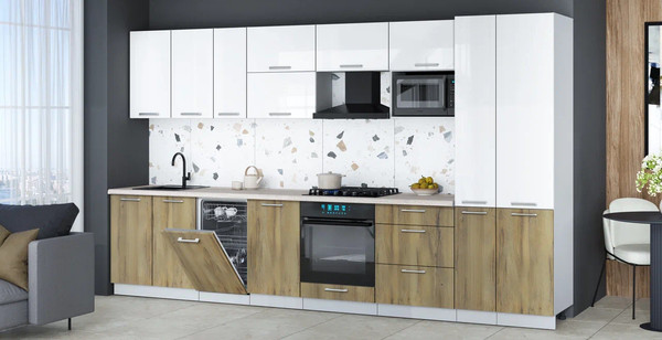 Изображение товара Кухонный гарнитур Интерлиния Мила Gloss 3.6-ПМ4 (дуб вотан/белый глянец/травертин серый)