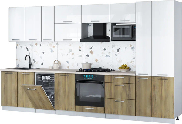 Изображение товара Кухонный гарнитур Интерлиния Мила Gloss 3.6-ПМ4 (дуб вотан/белый глянец/травертин серый)