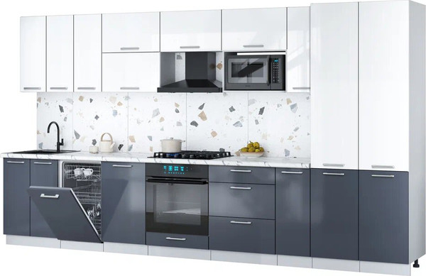 Изображение товара Кухонный гарнитур Интерлиния Мила Gloss 3.8-ПМ4 (асфальт глянец/белый глянец/белый гранит)