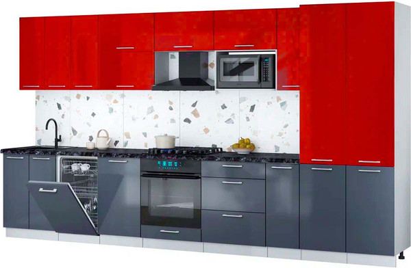 Изображение товара Кухонный гарнитур Интерлиния Мила Gloss 3.8-ПМ4 (асфальт глянец/красный глянец/кастилло темный)
