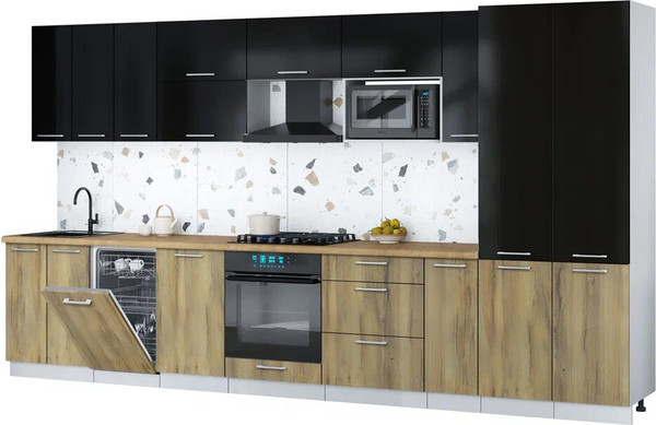 Изображение товара Кухонный гарнитур Интерлиния Мила Gloss 3.8-ПМ4 (дуб вотан/черный глянец/дуб бунратти)
