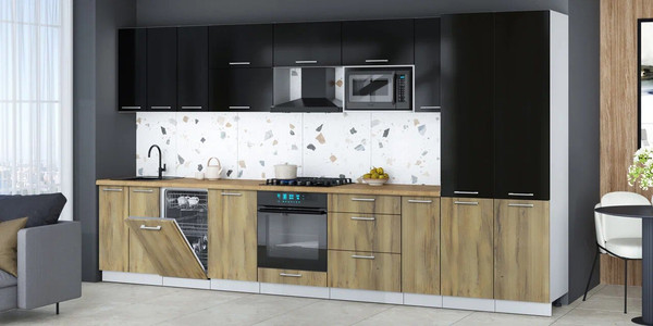 Изображение товара Кухонный гарнитур Интерлиния Мила Gloss 3.8-ПМ4 (дуб вотан/черный глянец/дуб бунратти)