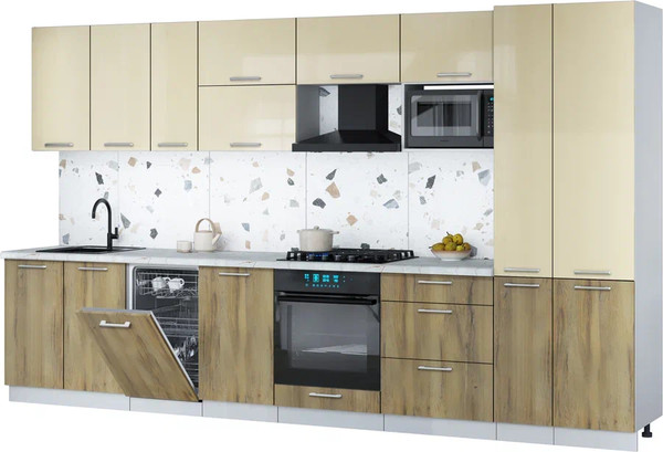 Изображение товара Кухонный гарнитур Интерлиния Мила Gloss 3.6-ПМ4 (дуб вотан/ваниль глянец/серый каспий)