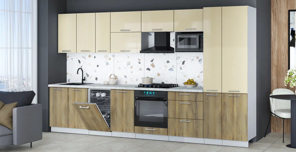 Изображение товара Кухонный гарнитур Интерлиния Мила Gloss 3.6-ПМ4 (дуб вотан/ваниль глянец/серый каспий)