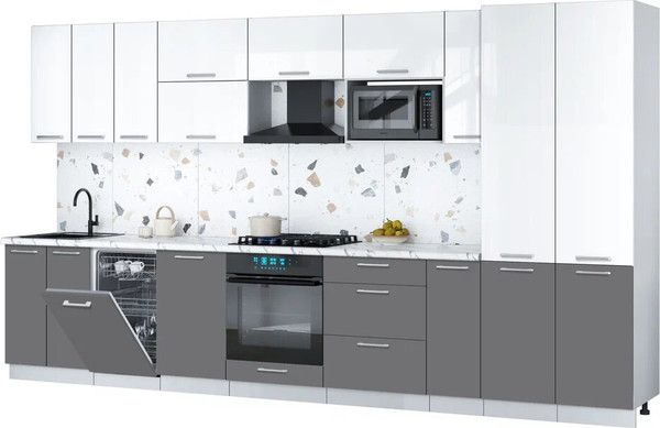 Изображение товара Кухонный гарнитур Интерлиния Мила Gloss 3.8-ПМ4 (серый/белый глянец/белый гранит)