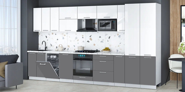 Изображение товара Кухонный гарнитур Интерлиния Мила Gloss 3.8-ПМ4 (серый/белый глянец/белый гранит)