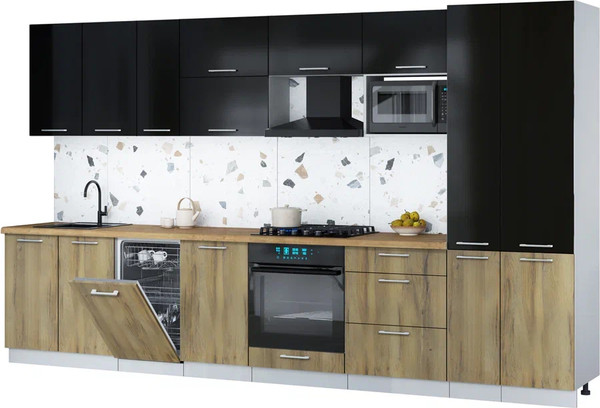 Изображение товара Кухонный гарнитур Интерлиния Мила Gloss 3.6-ПМ4 (дуб вотан/черный глянец/дуб бунратти)