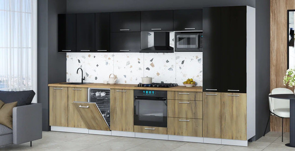 Изображение товара Кухонный гарнитур Интерлиния Мила Gloss 3.6-ПМ4 (дуб вотан/черный глянец/дуб бунратти)