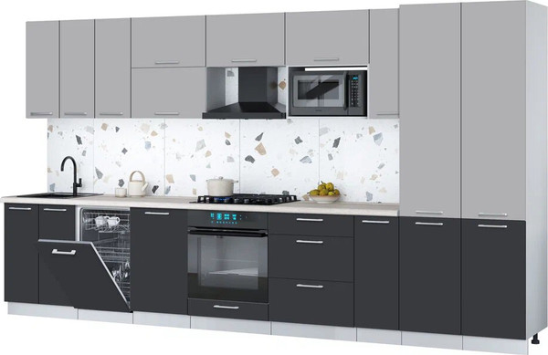 Изображение товара Кухонный гарнитур Интерлиния Мила Gloss 3.8-ПМ4 (пепел/грей/травертин серый)