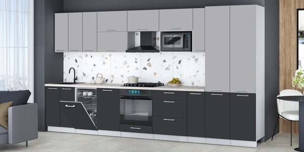 Изображение товара Кухонный гарнитур Интерлиния Мила Gloss 3.8-ПМ4 (пепел/грей/травертин серый)