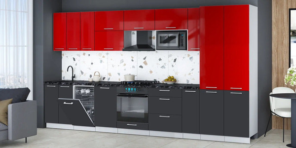 Изображение товара Кухонный гарнитур Интерлиния Мила Gloss 3.8-ПМ4 (пепел/красный глянец/кастилло темный)
