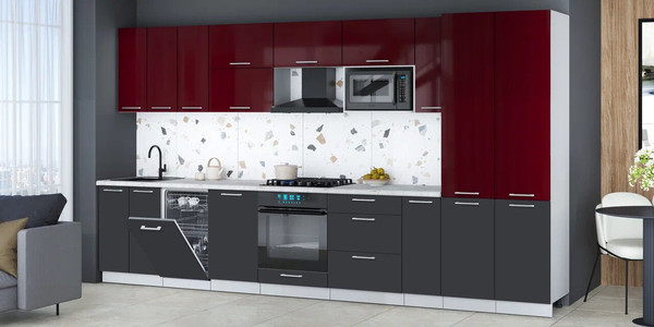 Изображение товара Кухонный гарнитур Интерлиния Мила Gloss 3.8-ПМ4 (пепел/бордовый глянец/серый каспий)