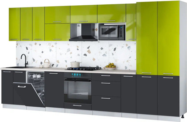 Изображение товара Кухонный гарнитур Интерлиния Мила Gloss 3.8-ПМ4 (пепел/яблоко глянец/травертин серый)