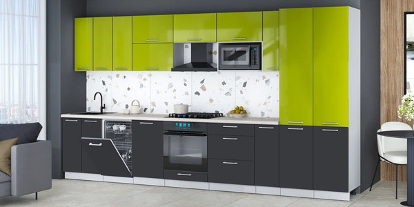 Изображение товара Кухонный гарнитур Интерлиния Мила Gloss 3.8-ПМ4 (пепел/яблоко глянец/травертин серый)