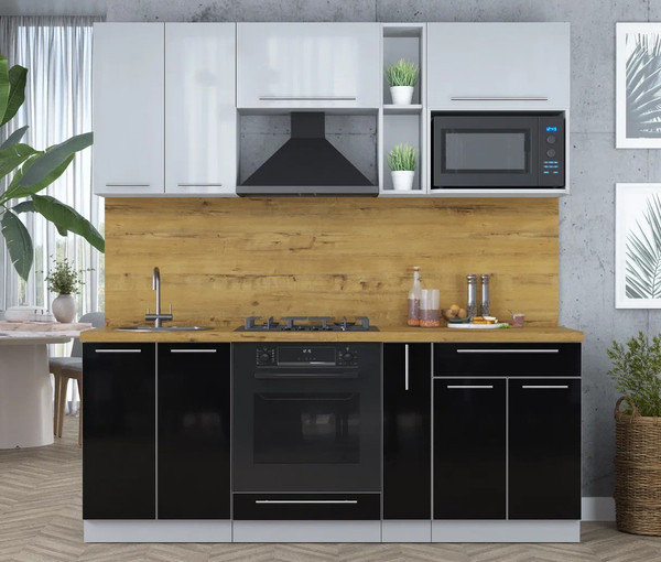 Изображение товара Кухонный гарнитур Интерлиния Мила Пластик 2.0 (туманный глянец/черный глянец/дуб бунратти)