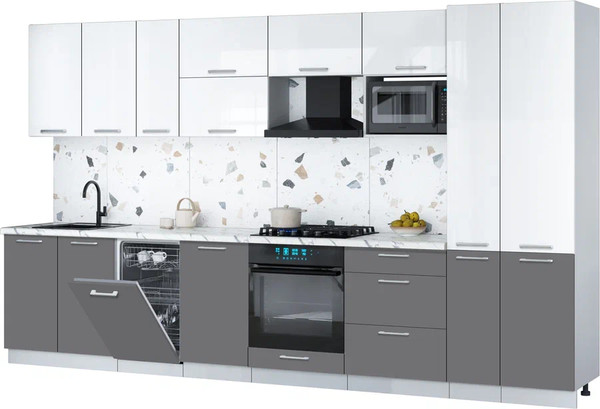 Изображение товара Кухонный гарнитур Интерлиния Мила Gloss 3.6-ПМ4 (серый/белый глянец/белый гранит)
