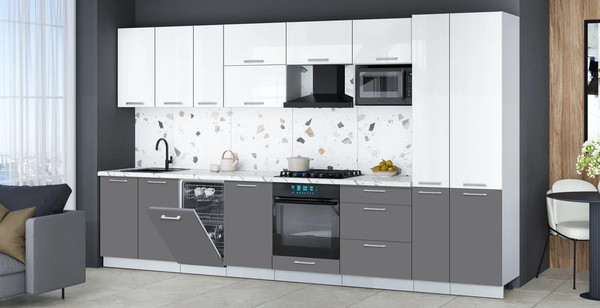 Изображение товара Кухонный гарнитур Интерлиния Мила Gloss 3.6-ПМ4 (серый/белый глянец/белый гранит)