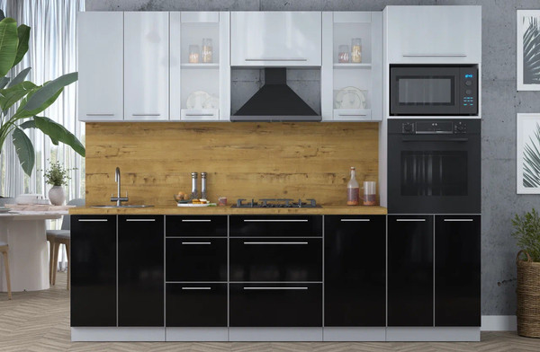 Изображение товара Кухонный гарнитур Интерлиния Мила Пластик 2.6 (туманный глянец/черный глянец/дуб бунратти)