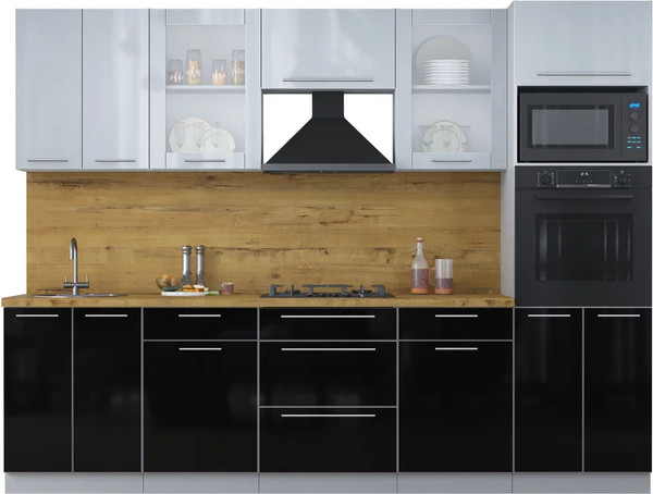 Изображение товара Кухонный гарнитур Интерлиния Мила Пластик 2.8 (туманный глянец/черный глянец/дуб бунратти)