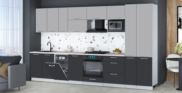 Изображение товара Кухонный гарнитур Интерлиния Мила Gloss 3.6-ПМ4 (пепел/грей/травертин серый)